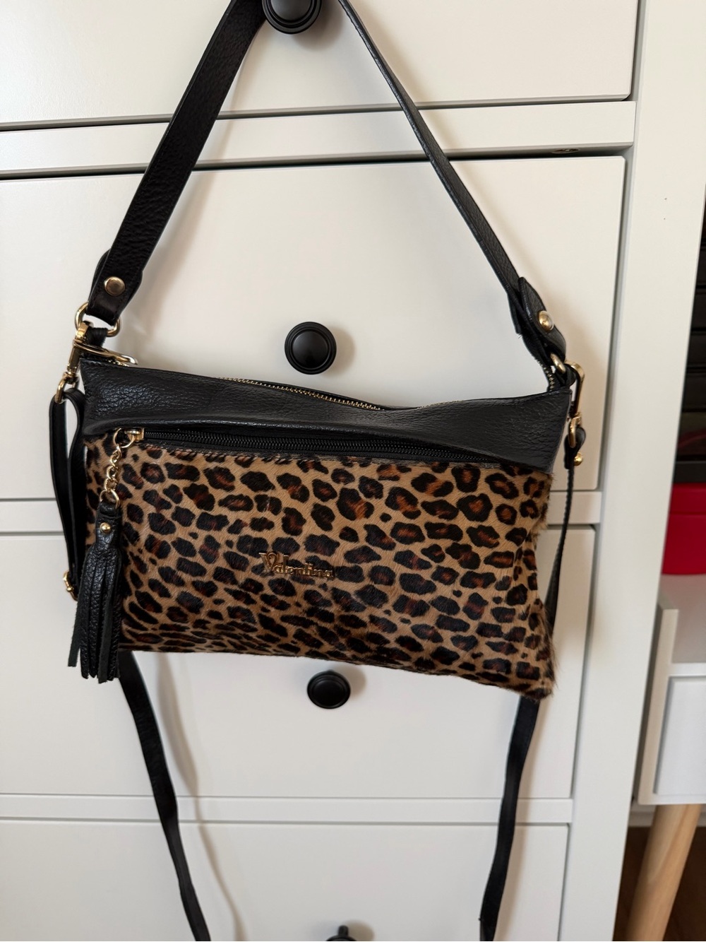 Valentina Italia Genuine Leather and Calf Hair Leopard Print Crossbody Bag.